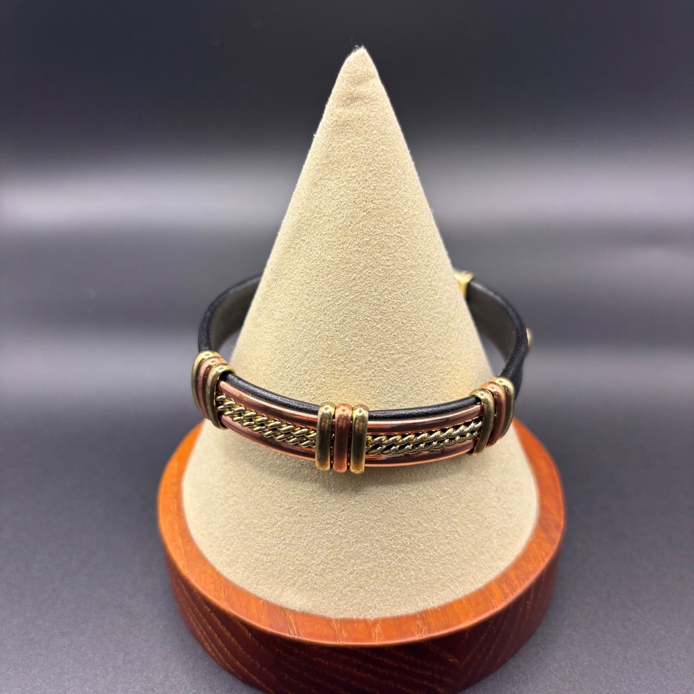 Mixed Metal Copper Gold‎ Tone Black Leather Braided Cuff Bracelet Women